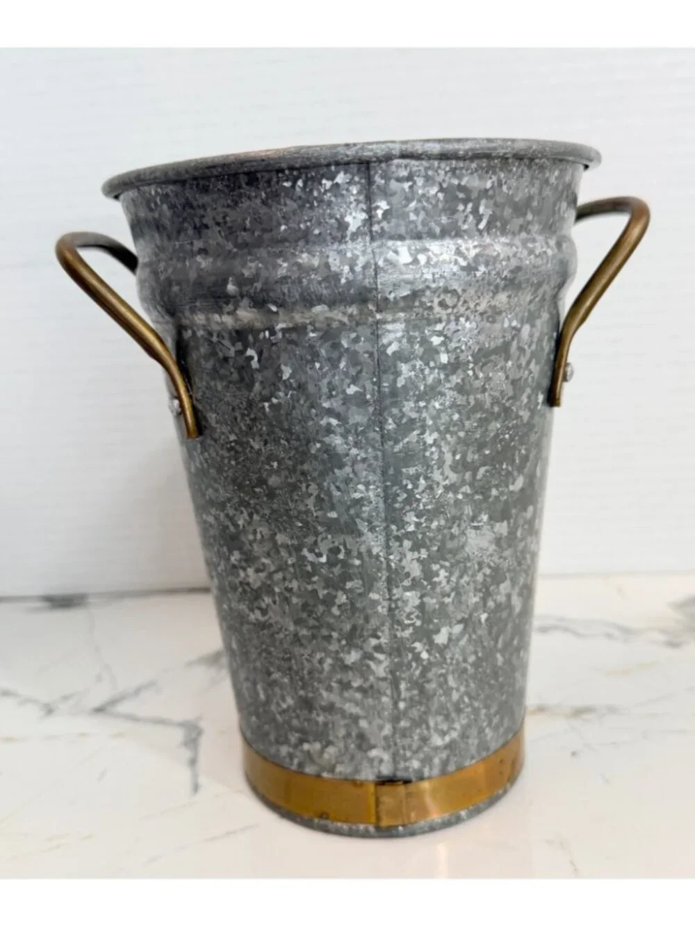 Vintage Galvanized French Flower Bucket Vase Brass Handles Rim Made in Slovakia